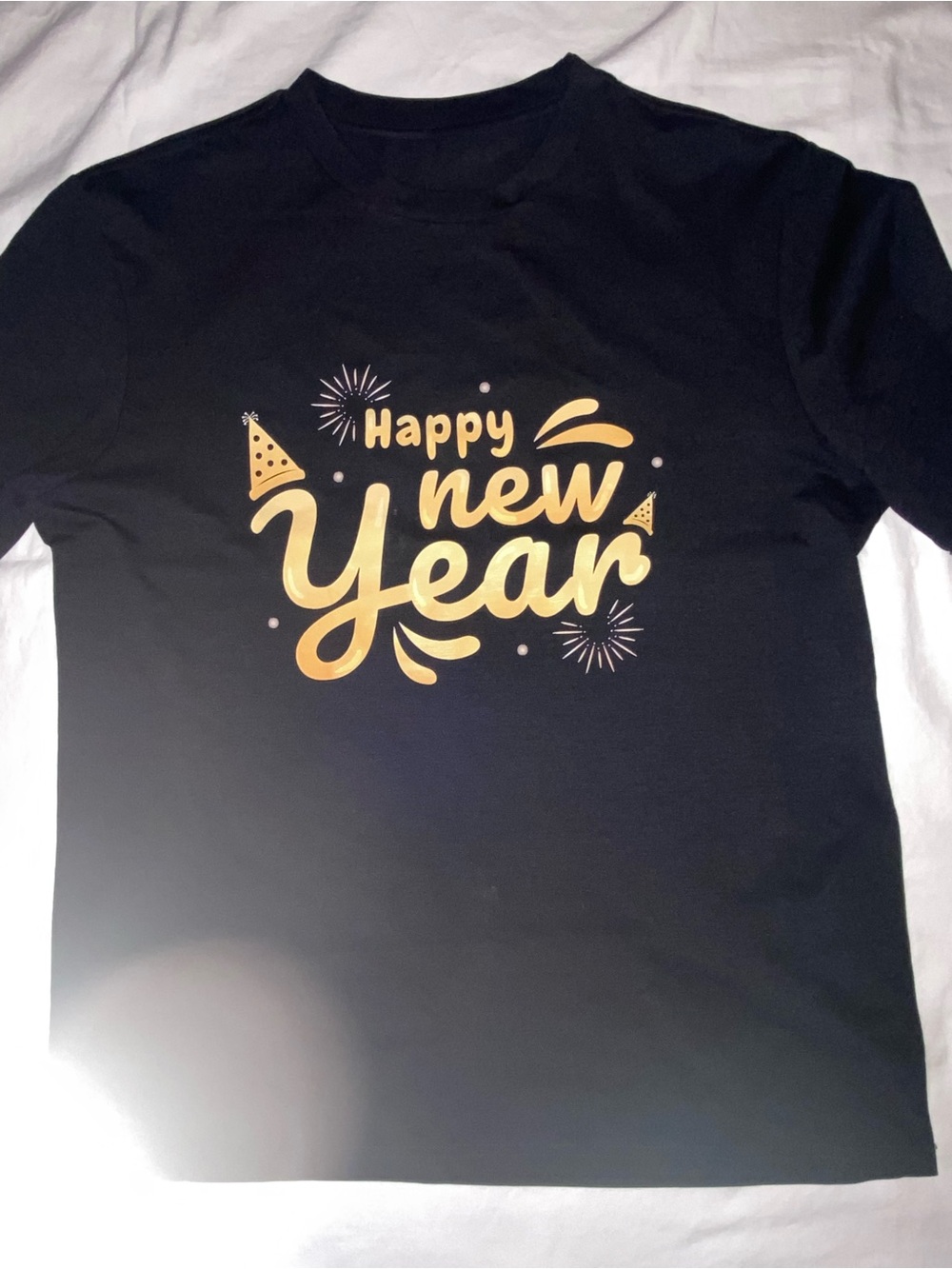 Black Short Sleeve Tee with Gold "Happy New Year" Graphic